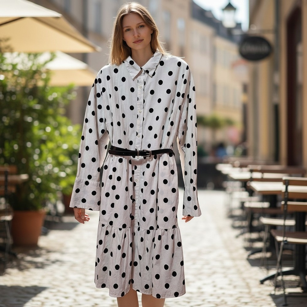Ava & Viv Womens 1X White Black Polka Dot Button Front Shirt Dress Lined Flaw